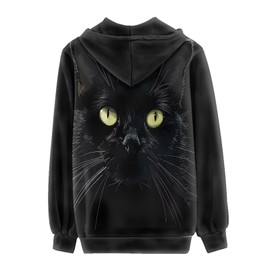 Irisjudy Women's Hoodies Black Cat Zip-Front Hooded Sweatshirt, Comfortable Long Sleeve Jersey Jacket Long Sleeve Top with Pockets