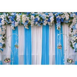 9x6ft Wedding Backdrop White and Blue Tulle Curtain Floral Mother's Day Indian Ceremony Background for Photography Bridal Shower Supplies Wedding Photo Background