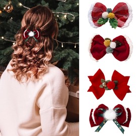 Christmas Red Bow Hair Clips, Xmas Duckbill Bow Barrette Hair pins Fabric Fur Ball Hair Headdress Headwear for Kids Girls Women Christmas Hair Accessories (Red-Bell)