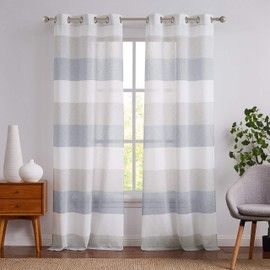 Central Park Gray and Smoke Blue Stripe Sheer Color Block Window Curtain Panel Linen Window Treatment for Bedroom Living Room Farmhouse 63 inches Long with Grommets, 2 Panel Rustic Drapes