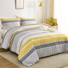 WONGS BEDDING King Comforter Set-Yellow Grey Comforter, Reversible Boho Striped Bedding Set for King Bed - 3 Pieces (1 Comforter + 2 Pillowcases), Soft Microfiber Down Alternative (104"x 90")