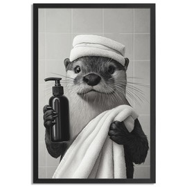 Framed Funny Black And White Bathroom Wall Art Otter Is Getting Ready For A Bath Bathroom Signs Picture-Cute Animal Art Bathroom Wall Decor Canvas Prints Ready To Hang
