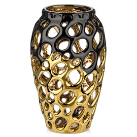 Black and Gold Vases for Centerpieces, Openwork Ceramic Flower Vase 8.7" Hollowed Decorative Pampas Grass Vase Gold Table Decor for Home Living Room Dinner Room Bedroom Office Wedding