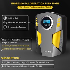 SYTUNG Digital Tyre Inflator, Portable Air Compressor Car Tyre Pump with 3 Nozzle Adaptors and Digital LED Light, 12V Rapid Tyre Inflator Air Compressor for Car Tires and Other Inflatables