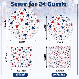 Whaline 72Pcs Patriotic Party Tableware Set Red Blue Star Disposable Dinnerware 48Pcs Paper Plate 24Pcs Napkin for 4th of July Independence Day Party Supplies Table Decor