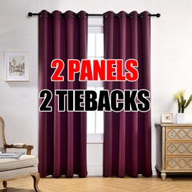 MIUCO Room Darkening Grommet Thermal Insulated Blackout Window Curtains Panels for Bedroom Set of 2 52x95 Inch Aubergine, Bonus 2 Tie Backs Included