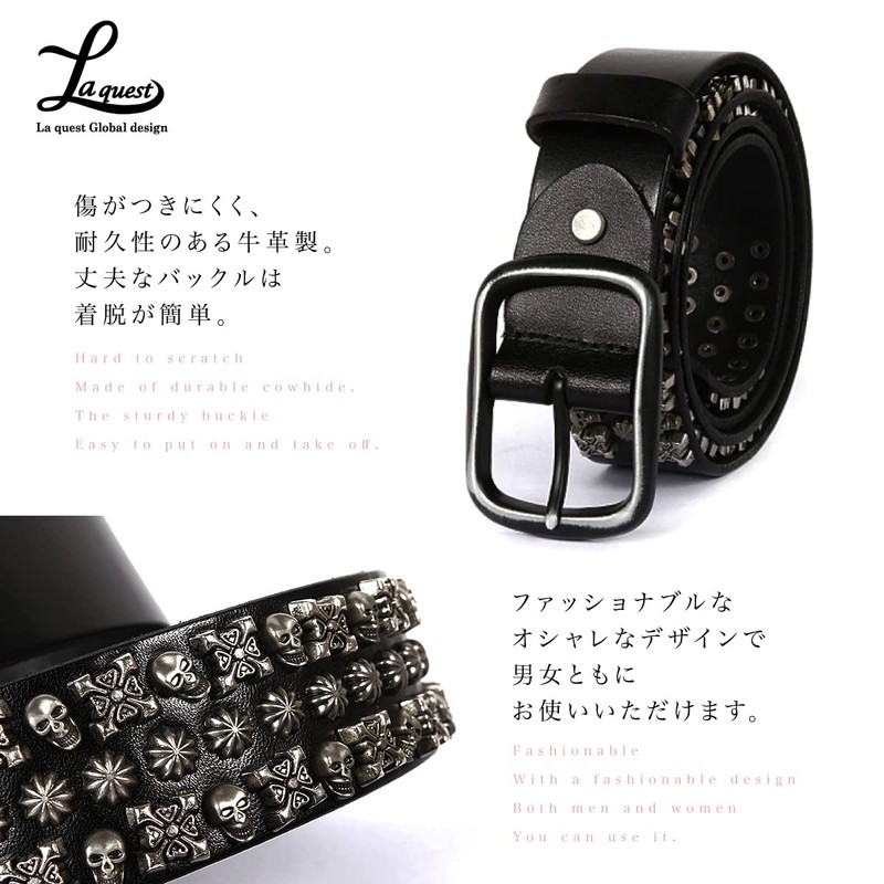 Laquest Men's Skull Studded Belt, Genuine Leather, Skull, Studs, Leather,