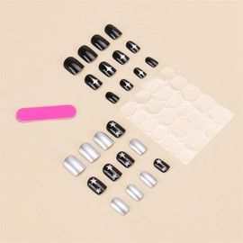 Black Press on Nails Short Square Fake Nails with Silver Star Design Stick on Nails Glossy Independence False Nails Full Cover Reusable Acrylic Glue on Nails for Women Nails Art Decoration 24Pcs