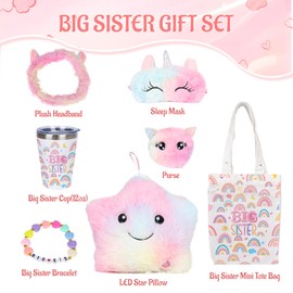 SGFYbkt Big Sister Gifts for Girls, New Gifts for Sister 12oz Big Sister Cup Mug Canvas Tote Bag Big Sister Bracelet Plush Headband Star Pillow Purse Sleep Eye-shade for Little Girls
