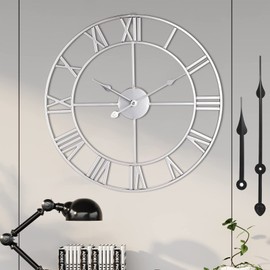 Wall Clock For Living Room Decor - 24 Inch Silent Non-Ticking Decorative Large Wall Clock, Battery Operated Vintage Retro Roman Numerals Metal Silver Wall Clock for Farmhouse, Kitchen, Bedroom Office