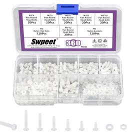 Swpeet 360pcs 6 Sizes M3 White Nylon Pan Round Head Screws with Hex Nuts and Seals Assortment Kit, Nylon Phillips Cross Pan Round Head Screw, Length 4/5/6/8/10/12 mm