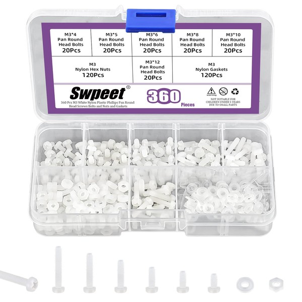 Swpeet 360pcs 6 Sizes M3 White Nylon Pan Round Head