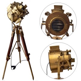 Antique Theater Tripod Marine Searchlight Nautical Wooden Tripod Retro Spotlight LED Floor Lamp Studio Focus Lamp Home Decor