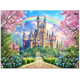 Luminora 8x6ft Pink Floral Castle Backdrop Princess Fairy Tale Sakura Rainbow Background Spring Forest Birthday Wedding Wonderland Party Decoration Photo Banner