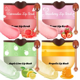 4 Pcs Bee Lip Balm Honey Pot Lip Mask & Lip Scrub Set, Honey Strawberry Watermelon Apple Lime Lip Mask Overnight, Moisturizing Sleeping Lip Mask, Hydrate Repair Prevent Dry Cracked Lip Care