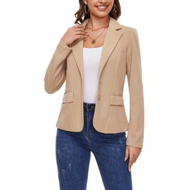 MINTLIMIT Khaki Blazers for Women Lapel Button Stretchy Pockets Cardigan Jacket Long Sleeve Blazer Business Casual Outfits for Work,L