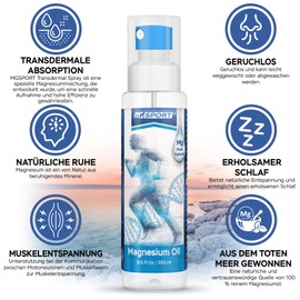 Magnesium Oil Spray – 250 ml Magnesium Chloride High Absorption and Pure from the Dead Sea, No Preservatives – Supports Sleep, Muscle Recovery and Cramps. 1,400 sprays - 8 mg Mg per spray.