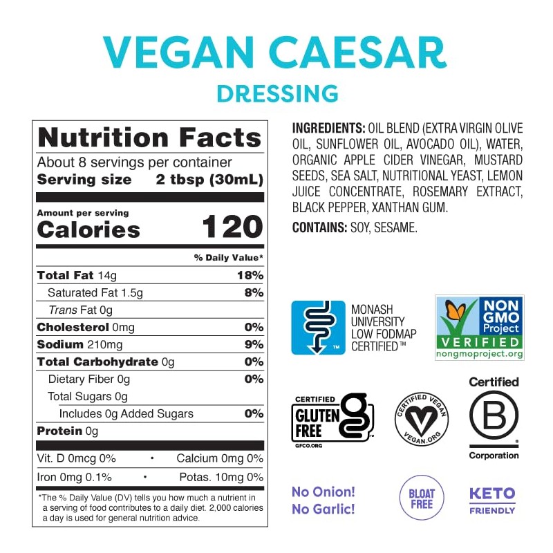 Fody Foods Ceasar Salad Dressing, 8 Oz, Garlic and Onion