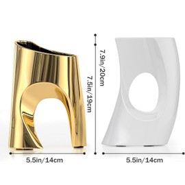 White Gold Ceramic Vases Set of 2 Modern Vase for Nordic Minimalist Book Style Shelf Decor, Hollow Round Pampas Flower Vases for Boho Home Wedding Party Room Dinner