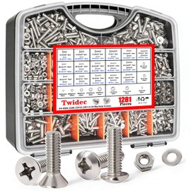 Twidec/1281PCS Nuts and Bolts Assortment Kit,Machine Screws,304 Stainless Steel Phillips Pan Head and Flat Head Screws #4-40#6-32#8-32#10-24#1/4-20 with Nuts, Bolts,Washers in the Storage Case