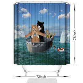 DOMOKU Cat Shower Curtain Funny Pet Kitten Couple Cosplay in Ocean Fun Cute Cat Bathroom Shower Curtains Polyster Fabric Waterproof with 12Hooks,72 * 78inch/180cm*200cm