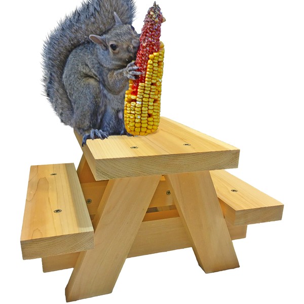 Large Squirrel Picnic Table Feeder - Cedar Squirrel Feeders for Outside Trees, Deck, Fence - Funny Corn Cob Holders, Novelty Hanging Mini Picnic Table for Squirrels, Fun Wooden Chipmunk Bench Platform