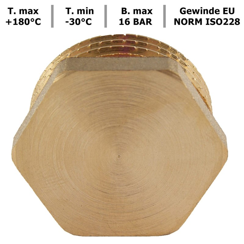 Brass plug, 1/2 inch male thread, pipe plug. hexagonal, end