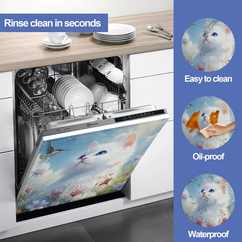 Cute White cat Dishwasher Magnet Cover,Front Dishwasher Cover Decoration Reusable