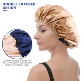 2PCS Silk Bonnet for Sleeping Satin Hair Bonnet Double Layer Sleep Bonnet Adjustable Elastic Band Silk Hair Wrap for Women (Rose Red, One Size)