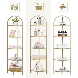 Homhedy 5-Tier Corner Shelf Stand, Metal Corner Bookshelf, Tempered Glass Shelves, Bathroom Storage Rack Shelf, Plant Stand, Modern Style, Golden