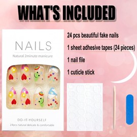Summer Rainbow Press on Nails Medium Almond Fake Nails with Cherry Flower Frog Rainbow Sky Design Stick on Nails Acrylic Cartoon False Nails Glue on Nails for Women and Girls 24Pcs