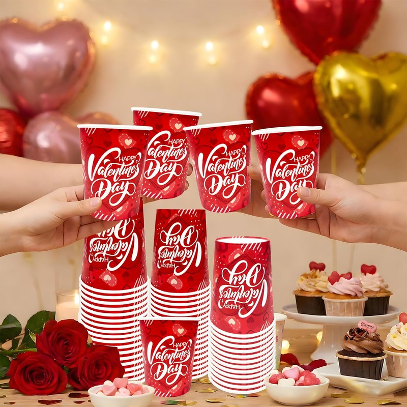 50 PCS Valentines Paper Cups 9oz Red Heart Design Disposable