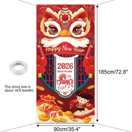 HOWAF Chinese New Year's Decoration Door Banner, Large Fabric 2026 New Year's Eve Party Door Cover, Year of the Horse Backdrop Banner for Spring Festival Party Supplies, Red Happy New Year Door Decoration Banner