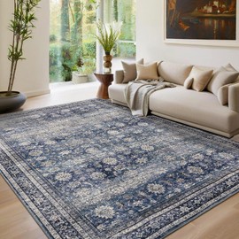 GarveeHome Area Rugs 4x6 Vintage Printed Floor Carpet with Non-Slip Backing, Stain-Resistant Oriental Throw Rugs, Washable Farmhouse Low Pile Rugs for Living Room, Bedroom, Office, Blue