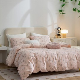 Pink Floral Duvet Cover Queen, 3 Pieces Soft Breathable Cotton Duvet Cover Set, Garden Plant Aesthetic Bedding Comforter Cover Set with Zipper Ties, 1 Duvet Cover and 2 Pillowcases, No Comforter