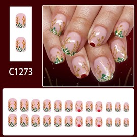 Christmas Press on Nails Short Square Nails Press ons with Gold Glitter Antler Design Cute Green Nails Glossy Full Cover Pink Glue on Nail Winter Xmas Holiday Fake Nail for Women 24Pcs