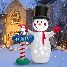 Tangkula 6 FT Inflatable Christmas Snowman, Blow up Xmas Decoration w/Penguin Guidepost, North Pole Sign, Self Inflating Snowman w/LED Projection Lights, Indoor Outdoor Yard Decoration