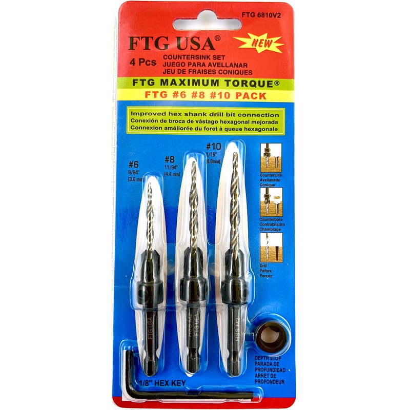 FTG USA Adjustable Wood Countersink Drill Bit Set 3 Pcs