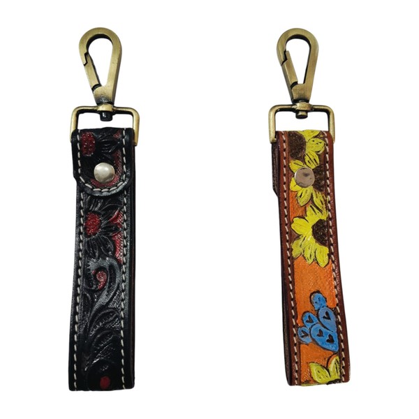 KLLOX Handcrafted Western Leather Keychain, 1x7 inches, Tooled Design with