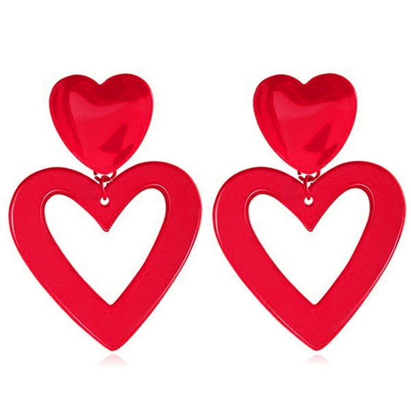 Hot Pink Earrings for Women Double Heart Dangle Drop Earring