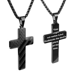 Ironkoi Cross Necklace for Men: 18+2 Inch Stainless Steel American Flag Pendant Chain with Bible Verse - Christian Gifts for Men, Mens Jewelry, Baptism Gifts (Godblocks, Black)