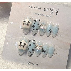 [In-store special discount] Light blue Cutie Pochaco handmade nail tips - Stiletto / [입점초특가할인]하늘색 큐티 포챠코 수제네일팁 - 스틸레토