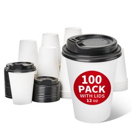 RACETOP [100 Pack] 12 oz Disposable Coffee Cups with Lids, Paper Coffee Cups with Lids 12 oz, Hot Cups for Home/Office