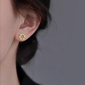 Reffeer Solid 925 Sterling Silver Circle Stud Earrings for Women Teens Minimalist Open Stud Hollow Earrings (B-Gold)