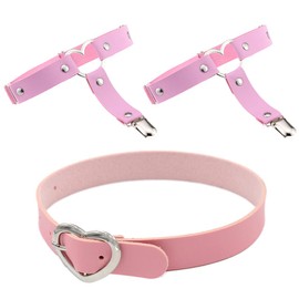3Pcs Women Leather Garters Girl Punk Leather Choker Necklace Cuff Bracelets Sets