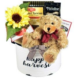 Happy Harvest, Fall Gift Basket in Painted Metal Planter with Plush Bear and Gourmet Treats (Large)