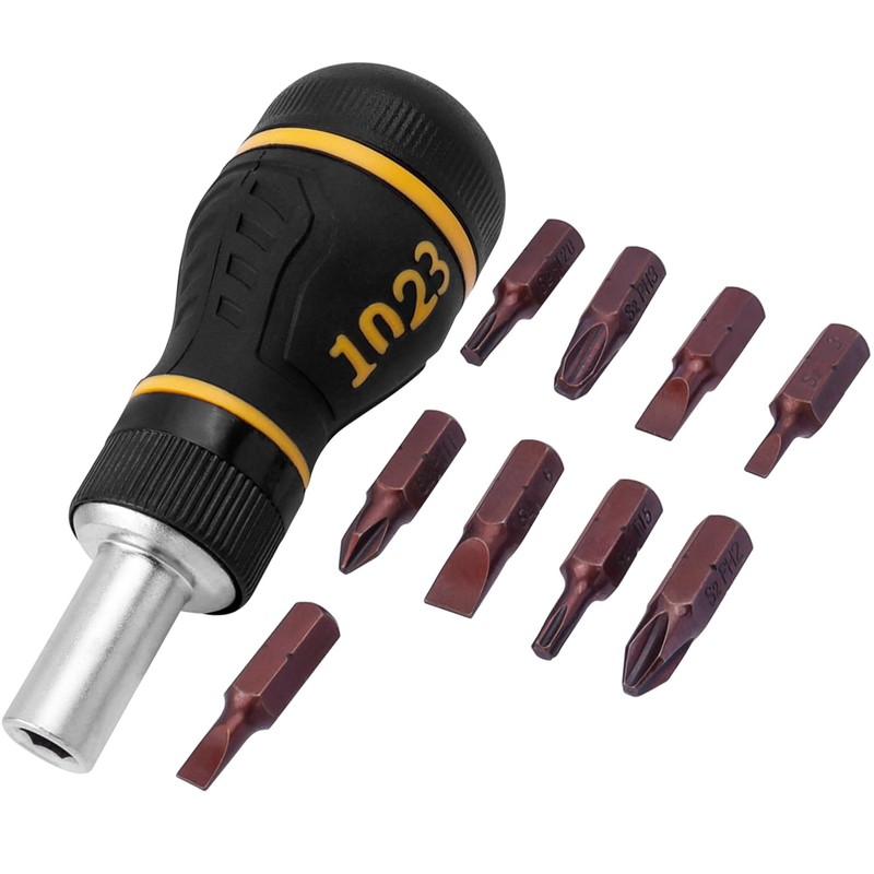 Treki Stubby Ratcheting Screwdriver Set，1/4 Hex 9 In1 Short Handle