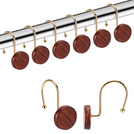 YanKiTour Shower Curtain Hooks, 12 Pack Imitation Wood Grain Resin Rings, Decorative Round Log Design Stainless Steel Rust Proof Hangers with Gold Hooks for Bathroom (Black Walnut Grain-Gold Hook)