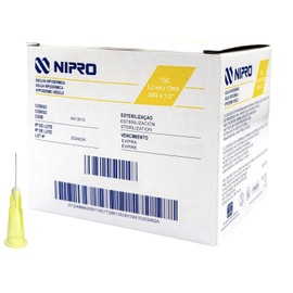 Aguja Hipodérmica 30G x 13mm (1/2”) color Amarillo NIPRO Caja con 100 Piezas Tribiselado, Tecnología Ultra-Thin Wall (Pared delgada que disminuye el dolor)