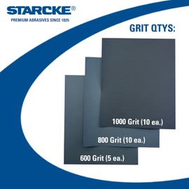 STARCKE Premium 25ct Contractor Pack (600Grit, 800Grit, 1000Grit) Waterproof Silicon Carbide Sandpaper Sheets 9 x 11 Inch A Weight - Wet and Dry for Stone, Metal, Auto Body, Paint, Plastics, & Marine